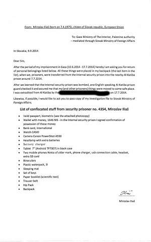Miroslav's letter to the Gazan interior ministry. (Courtesy) 