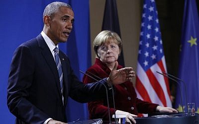 President Barack Obama and German Chancellor Angela Merkel participate in a news conference in Berlin, Thursday, Nov. 17, 2016. (AP/Pablo Martinez Monsivais) 