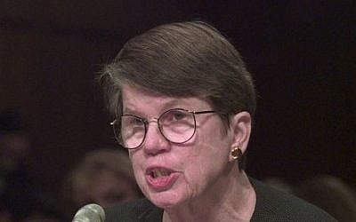 US Attorney General Janet Reno testifies before the Senate Governmental Committee in Washington, March 17, 1999. (AP Photo/Dennis Cook)