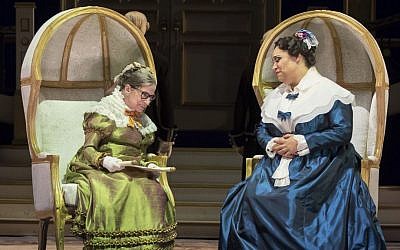 This Thursday, Nov. 10, 2016 photo released by the Washington National Opera shows US Supreme Court Justice Ruth Bader Ginsburg, left, as the Duchess of Krakenthorp in a dress rehearsal of Donizetti's "The Daughter of the Regiment" at the Washington National Opera, in Washington. (Scott Suchman/WNO via AP)