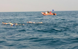 Swimmers attempt a seven-hour swim across the Dead Sea in from Jordan to Israel a bid to draw attention to its environmental degradation on November 15, 2016. (EcoPeace Middle East)