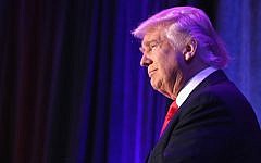President-elect Donald Trump acknowledging the crowd prior to making his victory speech at the New York Hilton, Nov. 9, 2016. (Joe Raedle/Getty Images via JTA)