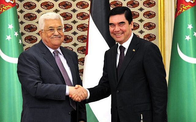 Turkmenistan's President Gurbanguli Berdymukhamedov, right, shakes hands with visiting Palestinian President Mahmoud Abbas in Ashgabat, Turkmenistan, on Monday, Nov. 14, 2016. (AP Photo/Alexander Vershinin) Turkmenistan's President Gurbanguli Berdymukhamedov, right, shakes hands with visiting Palestinian President Mahmoud Abbas in Ashgabat, Turkmenistan, on Monday, Nov. 14, 2016. (AP Photo/Alexander Vershinin)