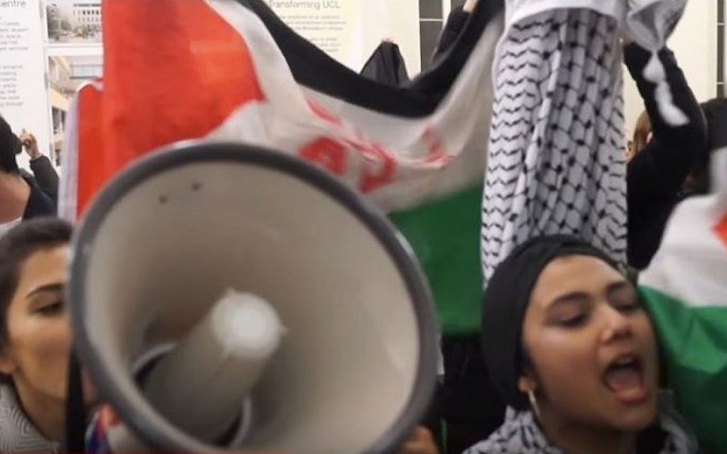 Pro-Palestinian students at University College London disrupt an Israel advocacy event on campus on October 28, 2016. (screen capture: YouTube) Pro-Palestinian students at University College London disrupt an Israel advocacy event on campus on October 28, 2016. (screen capture: YouTube)