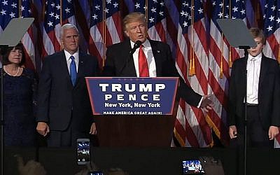 President-elect Donald Trump addresses the American people in his victory speech early Wednesday, November 9, 2016 (screen capture: YouTube) President-elect Donald Trump addresses the American people in his victory speech early Wednesday, November 9, 2016 (screen capture: YouTube)