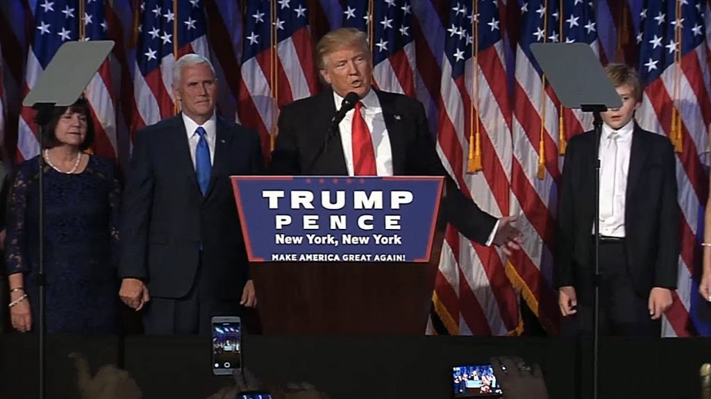 President-elect Donald Trump addresses the American people in his victory speech early Wednesday, November 9, 2016 (screen capture: YouTube) President-elect Donald Trump addresses the American people in his victory speech early Wednesday, November 9, 2016 (screen capture: YouTube)