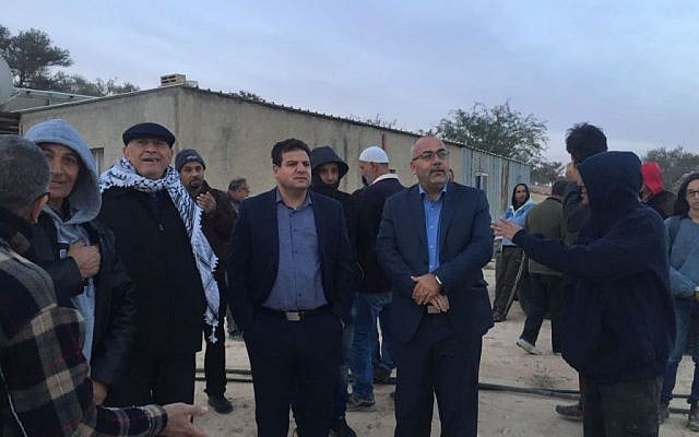 File: Members of the Arab Joint List at the Bedouin village of Umm Al-Hiran on November 22, 2016. (Courtesy Joint List spokesperson) File: Members of the Arab Joint List at the Bedouin village of Umm Al-Hiran on November 22, 2016. (Courtesy Joint List spokesperson)