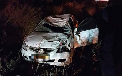 A car damaged in a collision with a horse in the central West Bank on November 28, 2016, which left two people dead (Magen David Adom)