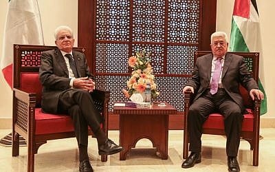 Italian President Sergio Mattarella seen with his Palestinian counterpart Mahmoud Abbas at a press conference in the West Bank city of Ramallah, November 1, 2016. Photo by Flash90