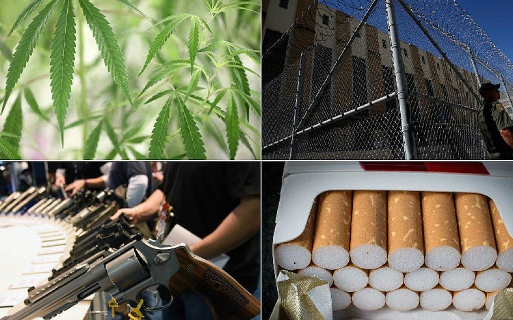 (Top left, clockwise, marijuana photo: Richard Lautens/Toronto Star via Getty Images; prison photo: Justin Sullivan/Getty Images; cigarettes photo: Matt Cardy/Getty Images; guns photo: Ethan Miller/Getty Images) (Top left, clockwise, marijuana photo: Richard Lautens/Toronto Star via Getty Images; prison photo: Justin Sullivan/Getty Images; cigarettes photo: Matt Cardy/Getty Images; guns photo: Ethan Miller/Getty Images)
