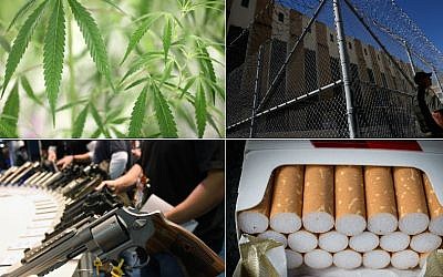 (Top left, clockwise, marijuana photo: Richard Lautens/Toronto Star via Getty Images; prison photo: Justin Sullivan/Getty Images; cigarettes photo: Matt Cardy/Getty Images; guns photo: Ethan Miller/Getty Images)