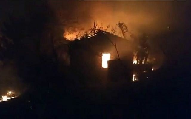 Footage of a fire in the mountainous village of Beit Meir, west of Jerusalem, November 25, 2016. (YouTube screen capture) Footage of a fire in the mountainous village of Beit Meir, west of Jerusalem, November 25, 2016. (YouTube screen capture)