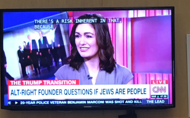 A CNN banner about the alt-right movement, during an airing of "The Lead," November 21, 2016. (Maia Efrem via JTA) A CNN banner about the alt-right movement, during an airing of "The Lead," November 21, 2016. (Maia Efrem via JTA)