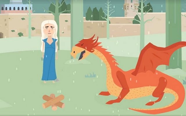 Dani and her dragon consider heating options for Jerusalemites, in this seasonal homage to 'Game of Thrones' (screen capture: Facebook)