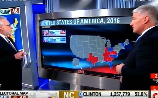 Wolf Blitzer and Jonh King discussing the electorate map on CNN as polls closed on November 8, 2016. (Screen capture: YouTube) Wolf Blitzer and Jonh King discussing the dynamic electorate map on CNN as polls closed on November 8, 2016. (Screen capture: YouTube)