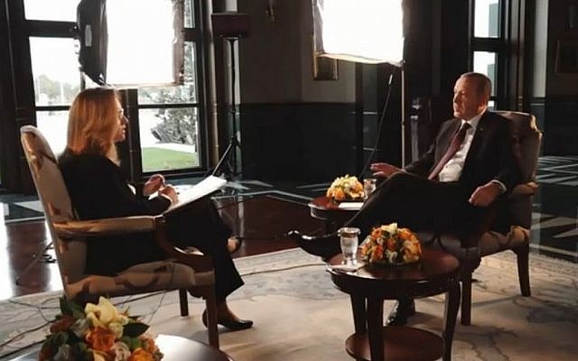 Turkish President Recep Tayyip Erdoğan interviewed by Israeli reporter Ilana Dayan, November 2016 (Screen capture: Channel 2) Turkish President Recep Tayyip Erdoğan interviewed by Israeli reporter Ilana Dayan, November 2016 (Screen capture: Channel 2)