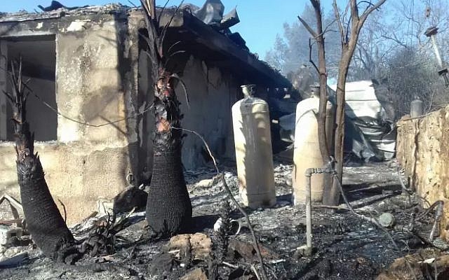 Burned houses and trees in the West Bank settlement of Halamish on November 26, 2016, a day after a devastating fire damaged or destroyed dozens of homes (Israel Fire and Rescue Services)