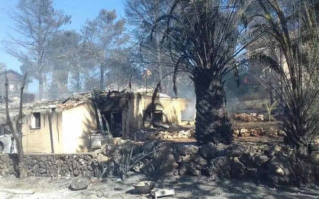 Burned trees and houses in the West Bank settlement of Halamish on November 26, 2016, a day after a devastating fire damaged or destroyed dozens of homes (Israel Fire and Rescue Services)