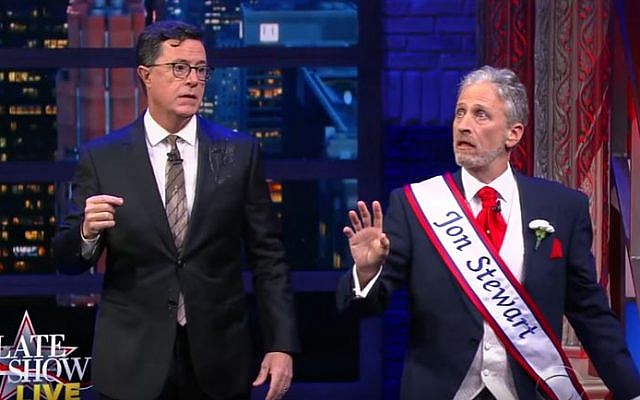 Jon Stewart and Stephen Colbert sing their support for voting in a musical number on 'The Late Show; on November 7, 2016 (Screen capture: YouTube). Jon Stewart and Stephen Colbert sing their support for voting in a musical number on 'The Late Show; on November 7, 2016 (Screen capture: YouTube).