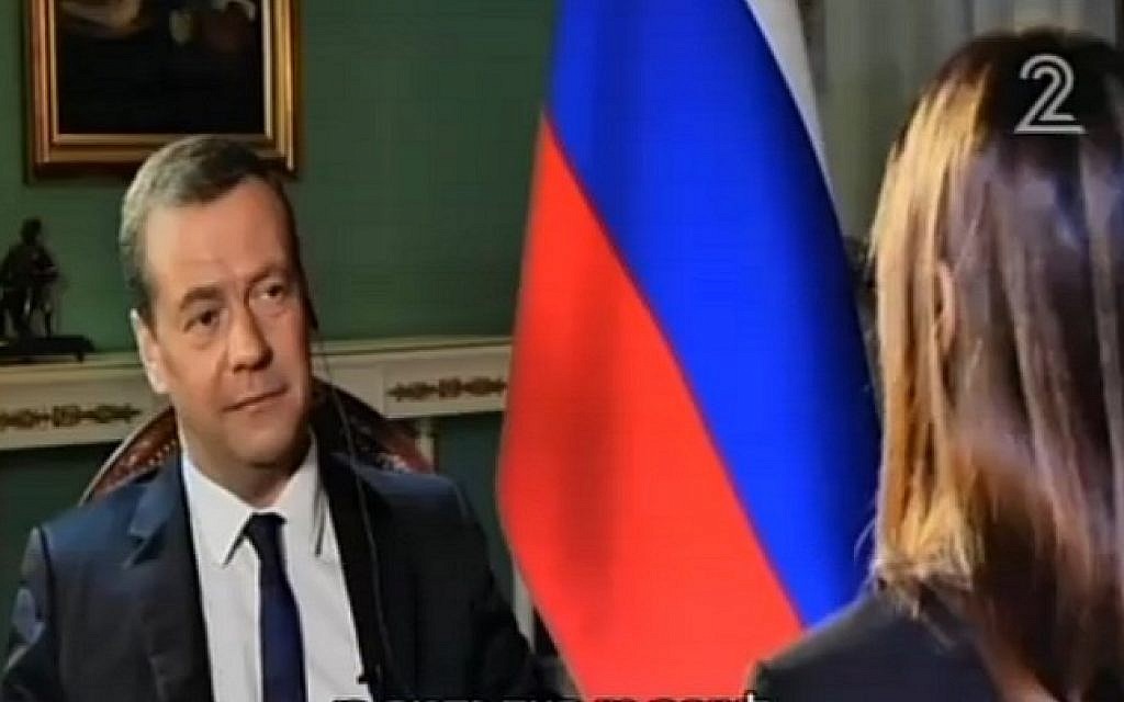 Russian Prime Minister Dmitry Medvedev talks to Channel 2’s Yonit Levy in an interview partially aired on Nov. 2, 2016 (screen capture: Channel 2)