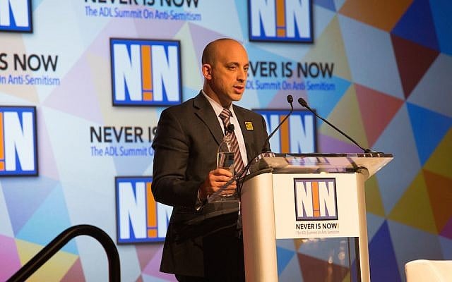ADL CEO Jonathan Greenblatt speaking at the organization’s Never is Now conference in New York City, Nov. 17, 2016. (Courtesy of the ADL) ADL CEO Jonathan Greenblatt speaking at the organization’s Never is Now conference in New York City, Nov. 17, 2016. (Courtesy of the ADL)
