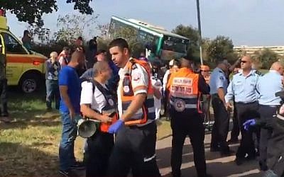 First responders at the scene of a multiple vehicle collision at the Holon Junction on Route 44 on November 20, 2016. (screen capture: YouTube)