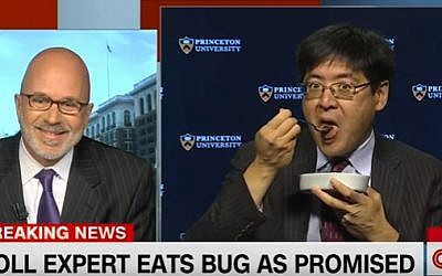 Princeton University polling expert Sam Wang eats a bug on CNN on November 12, 2016 after failing to predict a Trump victory (YouTube screenshot)
