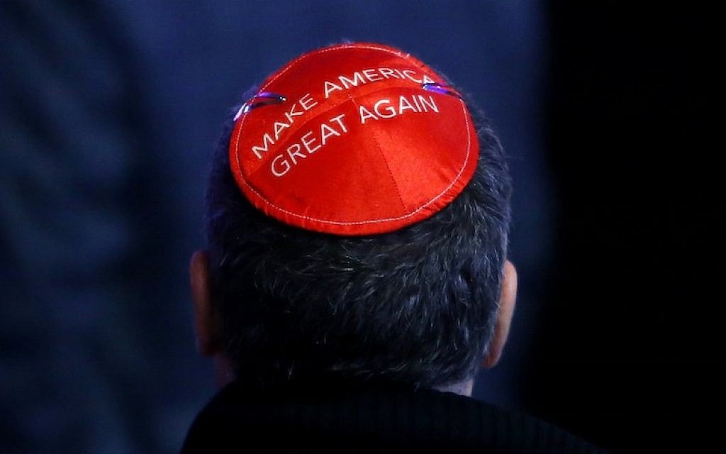 A man wearing his support for Donald Trump on his kippah at Trump’s election night event in New York City, Nov. 8, 2016. (Jessica Rinaldi/The Boston Globe via Getty Images) A man wearing his support for Donald Trump on his kippah at Trump’s election night event in New York City, Nov. 8, 2016. (Jessica Rinaldi/The Boston Globe via Getty Images)