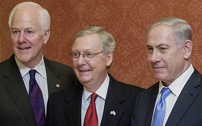 From left to right: Sen. John Cornyn (R-Tx.), Sen. Mitch McConnell (R-Ky.) and Benjamin Netanyahu at the US Capitol in Washington, DC, March 3, 2015. (Andrew Harrer/Bloomberg/Getty Images via JTA)