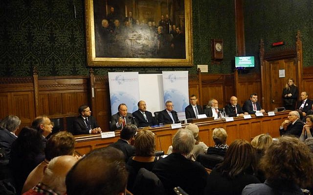 Former Israeli Foreign Ministry director general Dore Gold, Israeli Ambassador to the UK Mark Regev, and other speakers at a Houses of Parliament event to mark the 100th anniversary of the Balfour Declaration, November 29, 2016 (Courtesy) Former Israeli Foreign Ministry director general Dore Gold, Israeli Ambassador to the UK Mark Regev, and other speakers at a Houses of Parliament event to mark the 100th anniversary of the Balfour Declaration, November 29, 2016 (Courtesy)