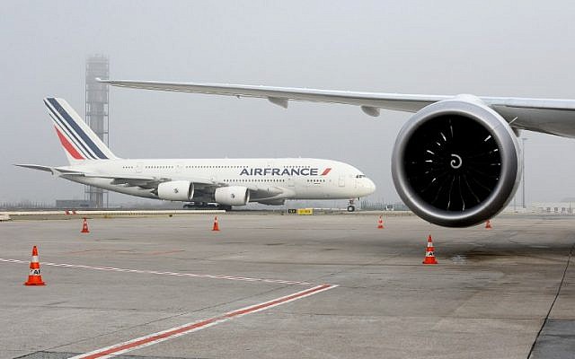 Illustrative photo of an Air France A380 Airbus at Roissy Paris Charles de Gaulle airport, December, 2 2016. (AFP/ERIC PIERMONT) Illustrative photo of an Air France A380 Airbus at Roissy Paris Charles de Gaulle airport, December, 2 2016. (AFP/ERIC PIERMONT)