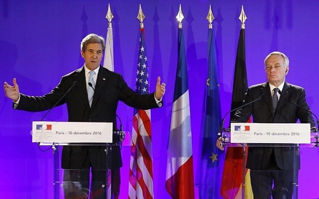 File: US Secretary of State John Kerry, left, and France's Foreign Minister Jean Marc Ayrault at a press conference after a meeting in Paris on December 10, 2016. (AFP/Patrick Kovarik) File: US Secretary of State John Kerry, left, and France's Foreign Minister Jean Marc Ayrault at a press conference after a meeting in Paris on December 10, 2016. (AFP/Patrick Kovarik)