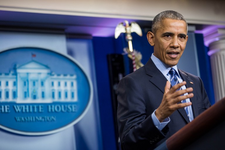 US President Barack Obama holds a year-end press conference in the Brady Press Briefing Room of the White House in Washington, DC, December 16, 2016. (AFP PHOTO / ZACH GIBSON) US President Barack Obama holds a year-end press conference in the Brady Press Briefing Room of the White House in Washington, DC, December 16, 2016. (AFP PHOTO / ZACH GIBSON)