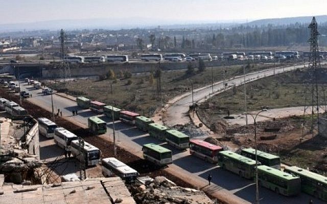 Civilians from the remaining rebel-held pockets of eastern Aleppo are evacuated from the embattled city by bus on December 19, 2016. (AFP/George Ourfalian) Civilians from the remaining rebel-held pockets of eastern Aleppo are evacuated from the embattled city by bus on December 19, 2016. (AFP/George Ourfalian)
