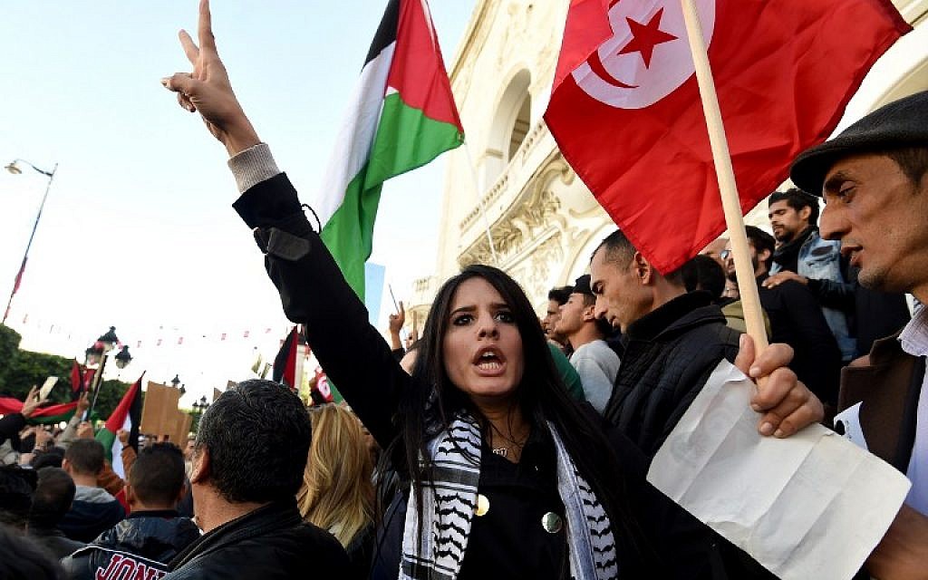Tunisians shout slogans against Israel during a demonstration on December 20, 2016 in Tunis  (AFP PHOTO / FETHI BELAID)