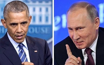 A combination of file photos shows US President Barack Obama, left, speaking at the White House in Washington, DC on December 16, 2016 and Vladimir Putin speaking in Moscow on December 23, 2016. (AFP/Saul LOEB AND Natalia KOLESNIKOVA)
