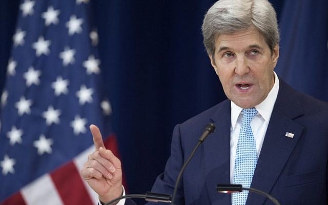 US Secretary of State John Kerry lays out his vision for peace between Israel and the Palestinians December 28, 2016, in the Dean Acheson Auditorium at the Department of State in Washington, DC. (AFP PHOTO / PAUL J. RICHARDS)
