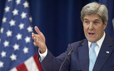 US Secretary of State John Kerry lays out his vision for peace between Israel and the Palestinians December 28, 2016, in the Dean Acheson Auditorium at the Department of State in Washington, DC.
(AFP PHOTO / PAUL J. RICHARDS)