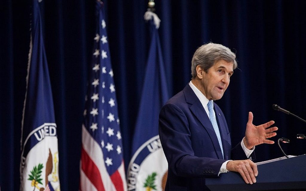 US Secretary of State John Kerry delivers a speech on Middle East peace at The U.S. Department of State on December 28, 2016 in Washington, DC. (Zach Gibson/Getty Images/AFP)