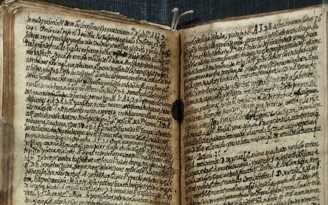 An inset of the autobiographical manuscripts of Luis de Carvajal the Younger, circa 1595, with devotional manuscripts. (Courtesy of the Government of Mexico) An inset of the autobiographical manuscripts of Luis de Carvajal the Younger, circa 1595, with devotional manuscripts. (Courtesy of the Government of Mexico)