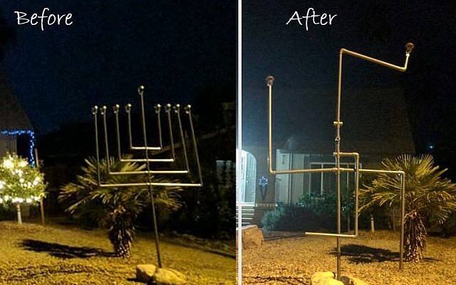 An Arizona family's menorah before and after it was vandalized and turned into a swastika, December 2016 (Facebook photo) An Arizona family's menorah before and after it was vandalized and turned into a swastika, December 2016 (Facebook photo)