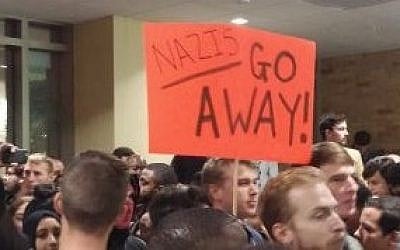 Protesters fill the Memorial Student Center at Texas A&M University, where so-called alt-right leader Richard Spencer gave a speech on December 6, 2016. (Ricky Ben-David/Times of Israel)