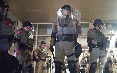 Riot Police secure the hall at Texas A&M University on Tuesday, December 6, 2016, where so-called alt-right leader, Richard Spencer,  gave a talk. (Ricky Ben-David/Times of Israel)