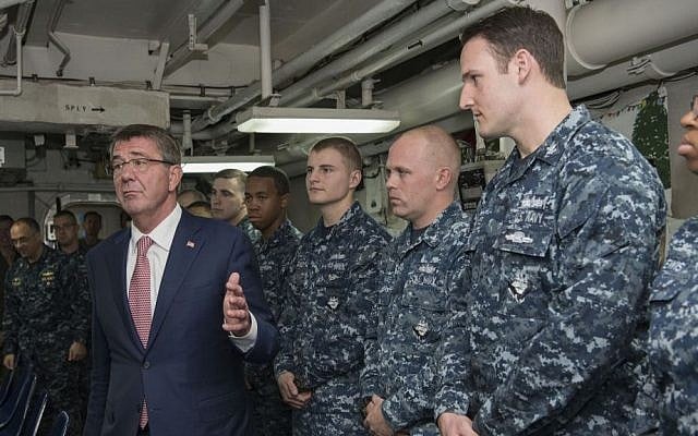 Secretary of Defense Ash Carter visits sailors aboard the USS Monterey in port in Manama, Bahrain, December 10, 2016. (DOD/US Air Force Tech. Sgt. Brigitte N. Brantley)