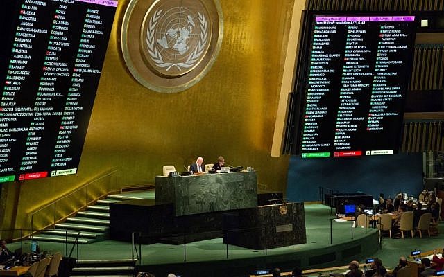 A view of the electronic vote tallies in the Assembly Hall, December 21, 2016, after members voted in favor of a resolution establishing an international mechanism investigating war crimes in Syria. (UN Photo/Evan Schneider)
