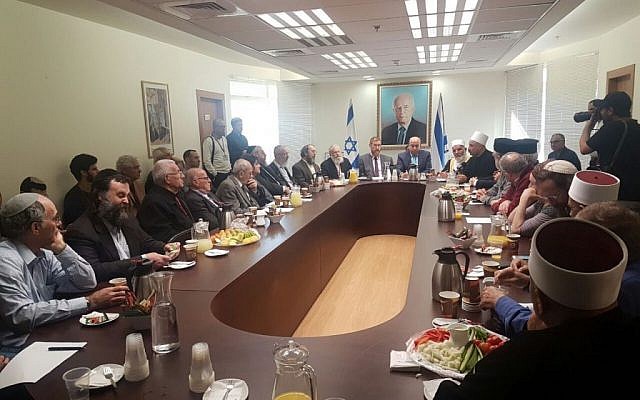 Religious leaders gather in the Knesset in a bid to convince the government to drop the so-called Muezzin Bill. December 5, 2016 (Courtesy) Religious leaders gather in the Knesset in a bid to convince the government to drop the so-called Muezzin Bill. December 5, 2016 (Courtesy)