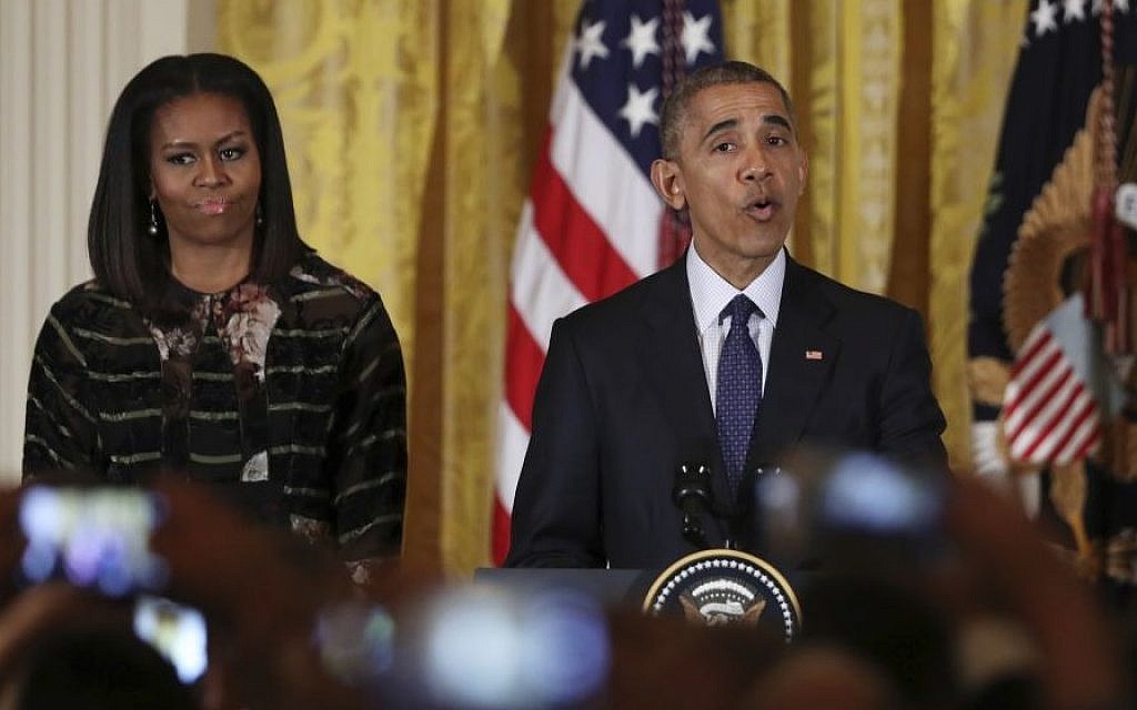 President Barack Obama, with First Lady Michelle Obama, speaks during a Hanukkah reception at the White House on Wednesday, Dec. 14, 2016. (Manuel Balce Ceneta/AP) President Barack Obama, with First Lady Michelle Obama, speaks during a Hanukkah reception at the White House on Wednesday, Dec. 14, 2016. (Manuel Balce Ceneta/AP)