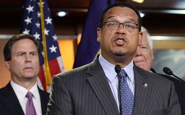 Minnesota Rep. Keith Ellison and other House Democrats stand in opposition to the president's trade deal during a press conference on Tuesday, June 16, 2015 on Capitol Hill in Washington. (Victoria Burke/AP)
