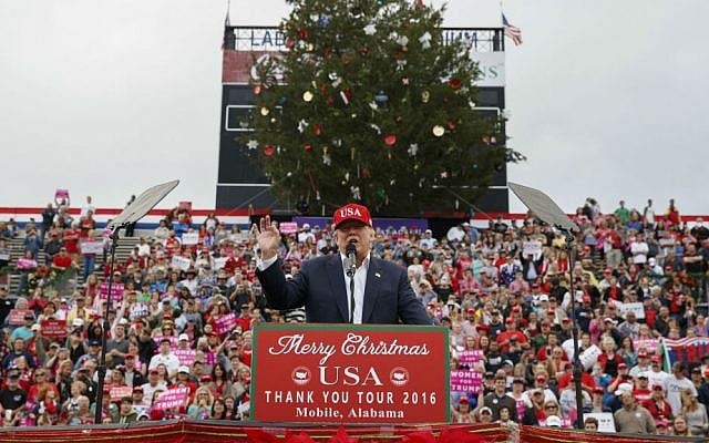President-elect Donald Trump speaks during a rally at Ladd-Peebles Stadium, Saturday, Dec. 17, 2016, in Mobile, Alabama. (AP Photo/Evan Vucci)