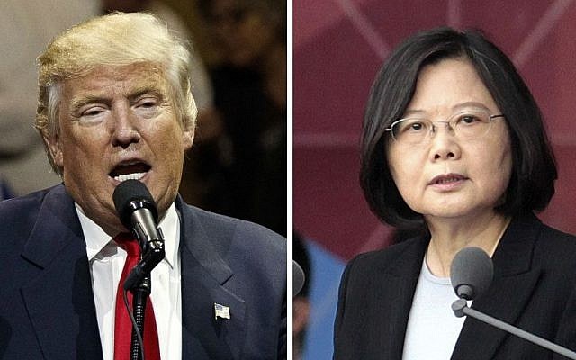 Combination photo of US President-elect Donald Trump, left, speaking during a "USA Thank You" tour event in Cincinatti December 1, 2016, and Taiwan's President Tsai Ing-wen, delivering a speech during National Day celebrations in Taipei, Taiwan, Monday, October 10, 2016. (AP /Evan Vucci, Chiang Ying-ying) Combination photo of US President-elect Donald Trump, left, speaking during a "USA Thank You" tour event in Cincinatti December 1, 2016, and Taiwan's President Tsai Ing-wen, delivering a speech during National Day celebrations in Taipei, Taiwan, Monday, October 10, 2016. (AP /Evan Vucci, Chiang Ying-ying)
